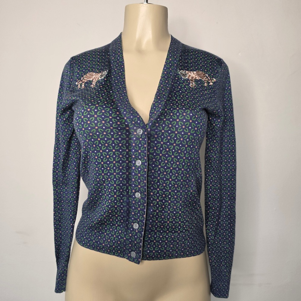 J.Crew Cardigan Women XS Blue Tippi Tiger Embroidered Merino Wool G7739 Floral